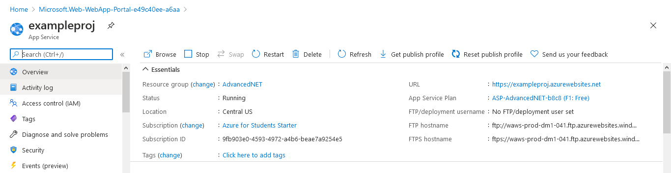 App Service Dashboard for 12.4 Lab - Deploying API Web Service. Use the adjacent task instructions to identify the required controls, output, or debugger values.