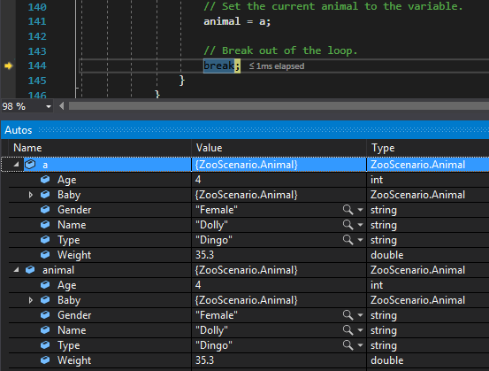 Check Your Work: Animal Variable; compare object identities, field values, and execution position with your debugger.