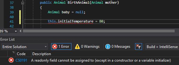 Snip: Readonly Field Error; compare object identities, field values, and execution position with your debugger.