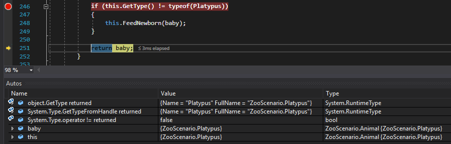 Check Your Work: GetType Check; compare object identities, field values, and execution position with your debugger.