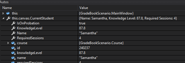 Snip - Student ToString; compare object identities, field values, and execution position with your debugger.