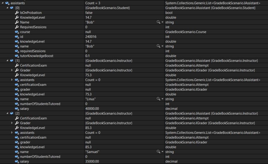 CYW - Assistant List; compare object identities, field values, and execution position with your debugger.