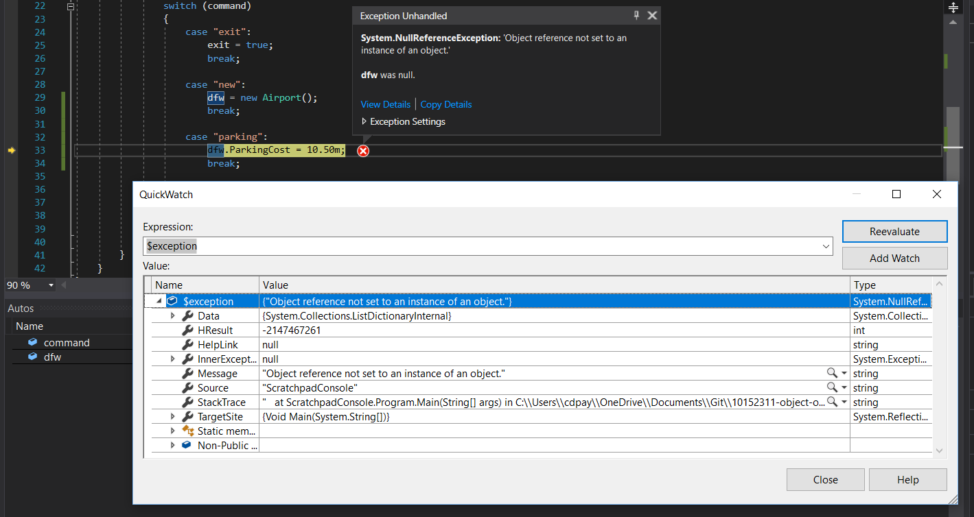 Snip: NullReferenceException Object for 4.3 Scratchpad Learning Activity (NEW). Use the adjacent task instructions to identify the required controls, output, or debugger values.