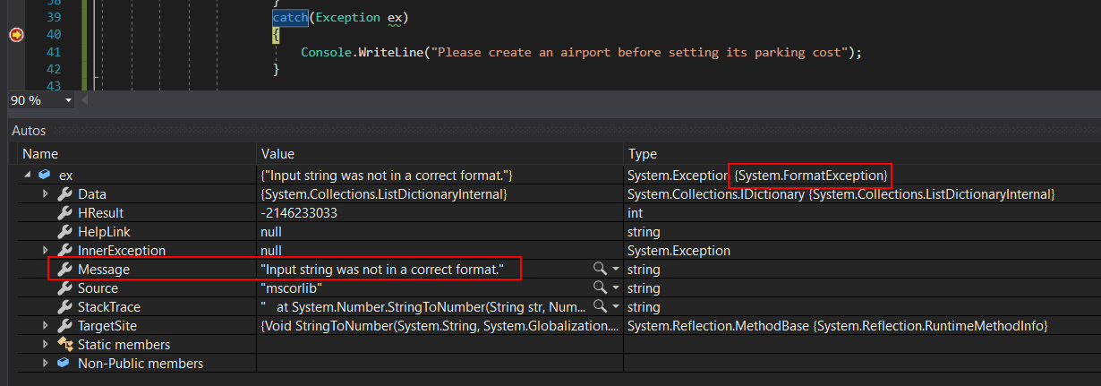 Snip: Exception Message for 4.3 Scratchpad Learning Activity (NEW). Use the adjacent task instructions to identify the required controls, output, or debugger values.