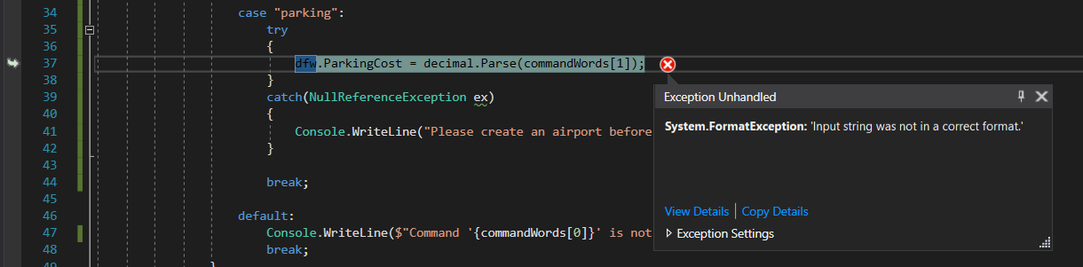 Snip: FormatException for 4.3 Scratchpad Learning Activity (NEW). Use the adjacent task instructions to identify the required controls, output, or debugger values.