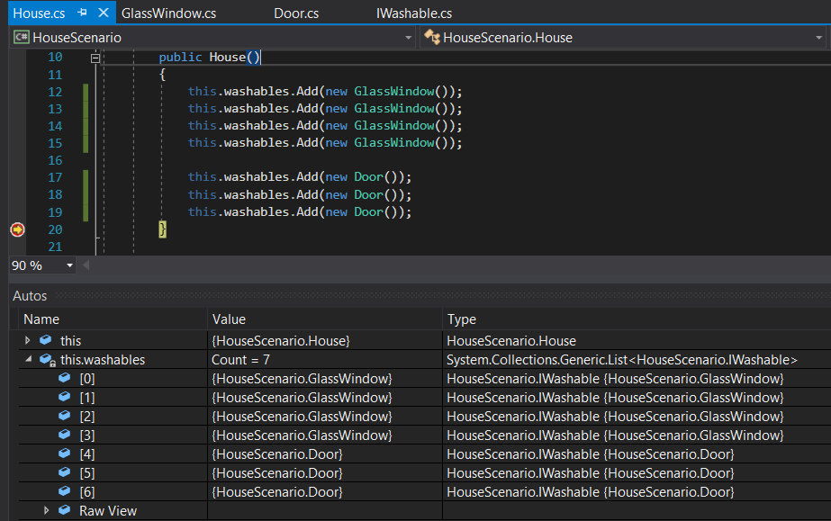 Snip: IWashables List for 4.4 House Learning Activity (NEW). Use the adjacent task instructions to identify the required controls, output, or debugger values.