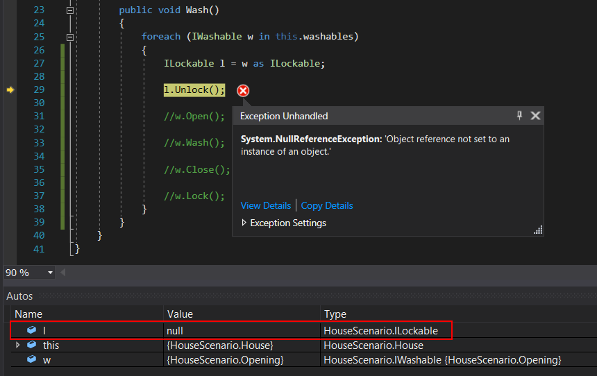 Snip: Null ILockable for 4.4 House Learning Activity (NEW). Use the adjacent task instructions to identify the required controls, output, or debugger values.