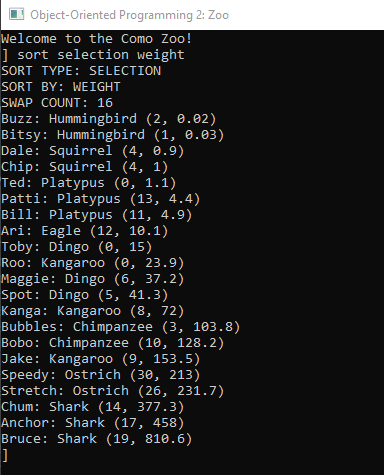 Snip - Selection Sort Result. Reference figure for use a selection sort to sort animals by weight.