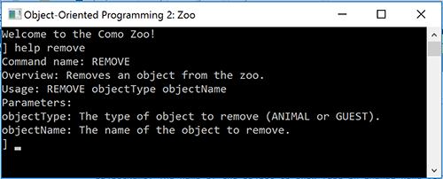 Snip: 'help remove' Command Example. Reference figure for use a dictionary to refactor the console help command for commands with multiple parameters.
