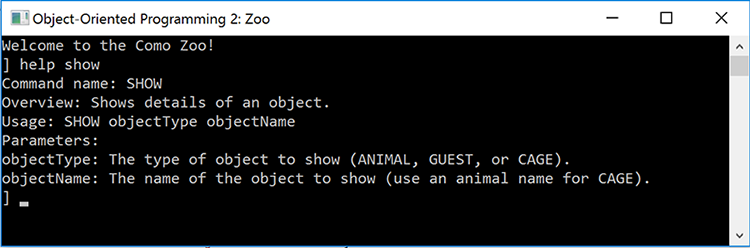 Snip: 'help show' Command Example. Reference figure for use a dictionary to refactor the console help command for commands with multiple parameters.