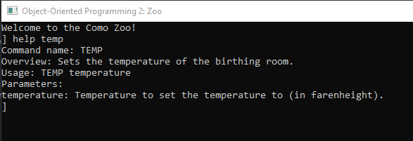 Snip: 'help temp' Command Output. Reference figure for refactor help command for commands with one parameter.
