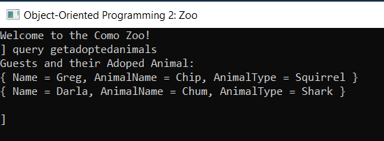 Image: GetAdoptedAnimals Result. Reference figure for write linq queries with sorting.
