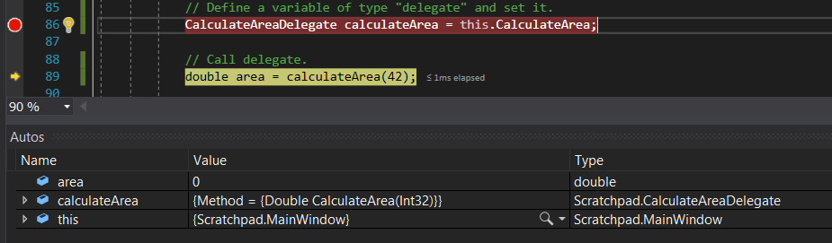 Snip: Autos Delegate for 6.2 Scratchpad Learning Activity (NEW). Use the adjacent task instructions to identify the required controls, output, or debugger values.
