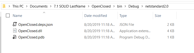 Class Library Debug Folder for 7.1 SOLID Principles Lab. Use the adjacent task instructions to identify the required controls, output, or debugger values.