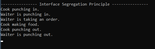 Output for 7.1 SOLID Principles Lab. Use the adjacent task instructions to identify the required controls, output, or debugger values.