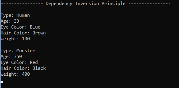 Output for 7.1 SOLID Principles Lab. Use the adjacent task instructions to identify the required controls, output, or debugger values.