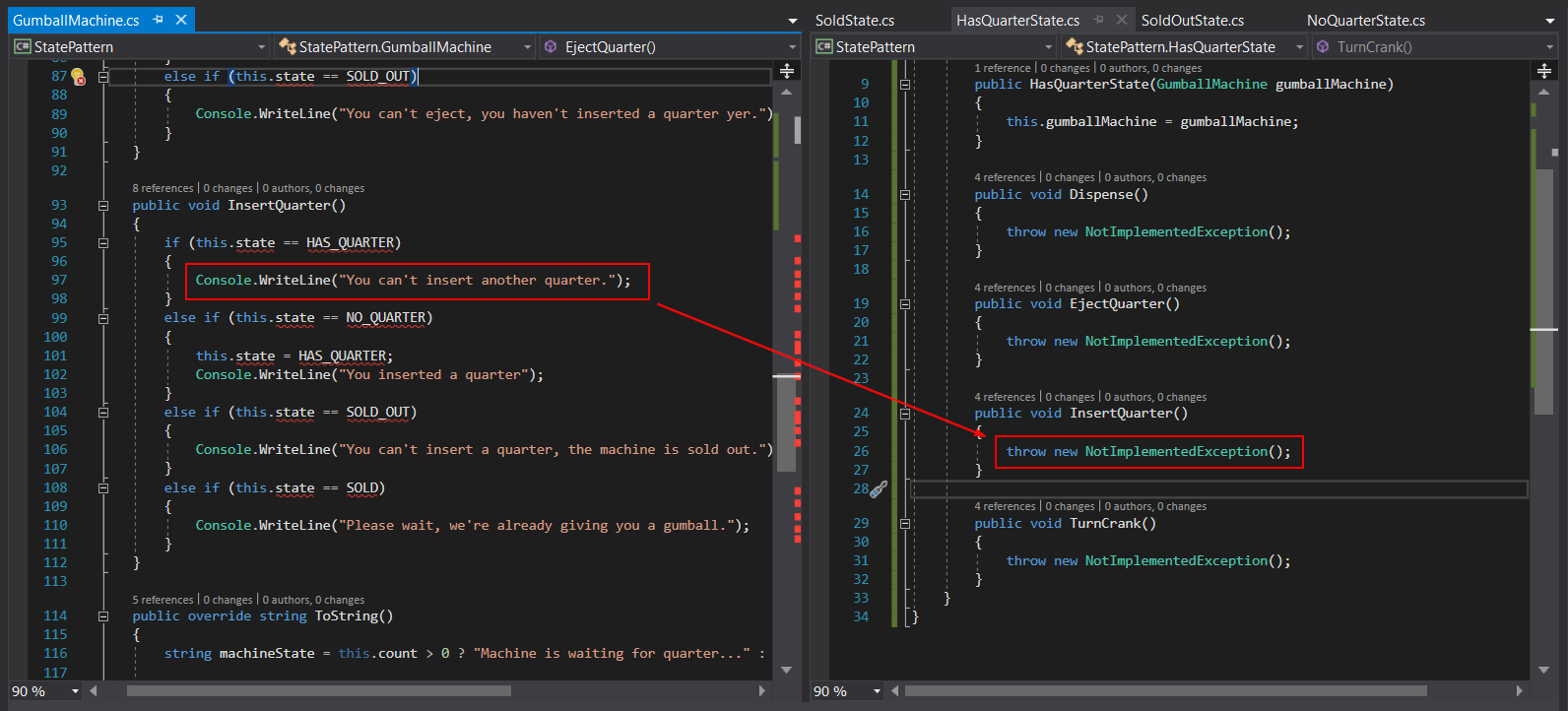 InsertQuarter for 9.3 State Pattern Lab. Use the adjacent task instructions to identify the required controls, output, or debugger values.