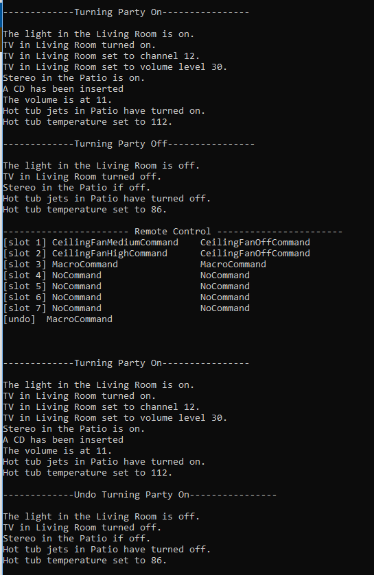 Output for 9.4 Command Pattern Lab. Use the adjacent task instructions to identify the required controls, output, or debugger values.