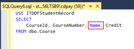 Name column highlighted in SQL editor