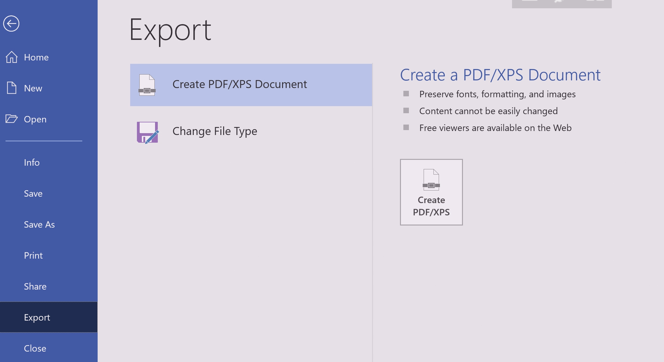 Create PDF/XPS export screen