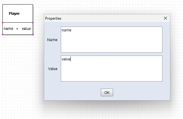 Violet field Properties window showing the default Name name and Value value next to the Player object.