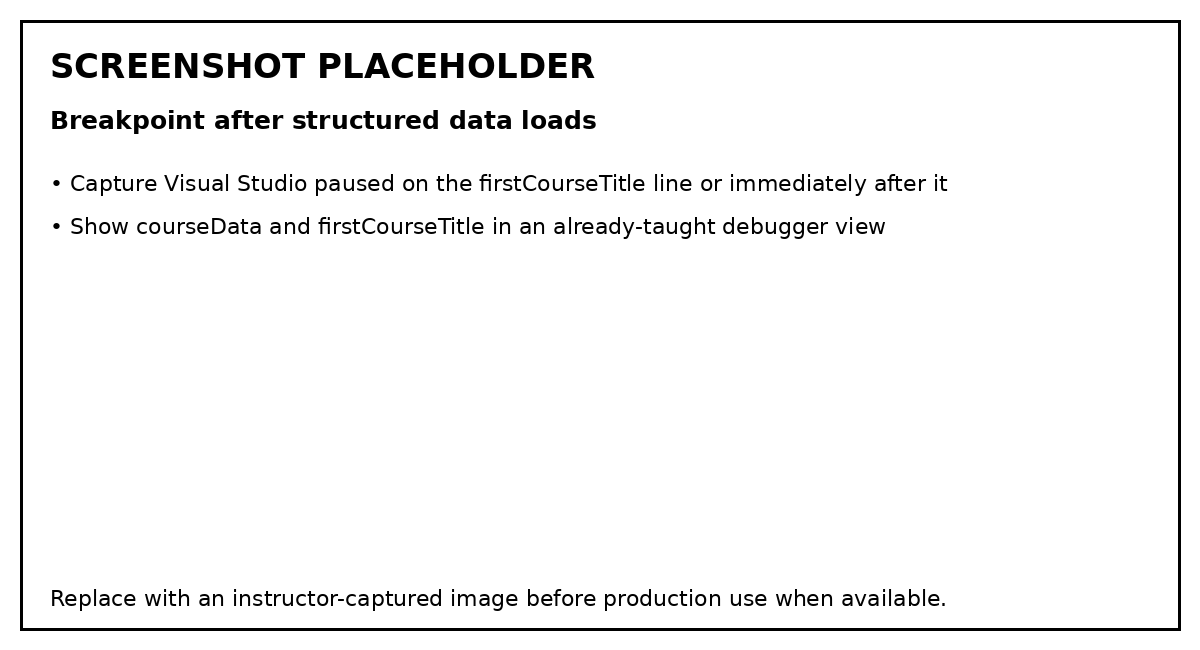 Screenshot placeholder showing Visual Studio paused after the supplied CSV loader returns, with courseData and firstCourseTitle available for inspection