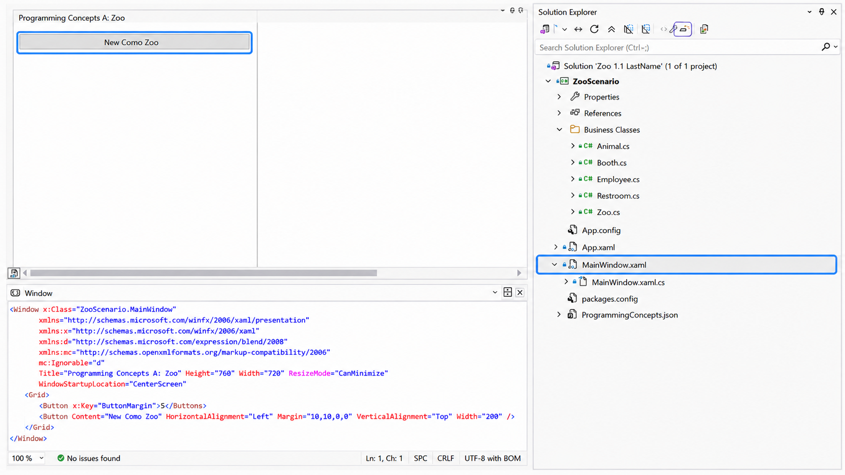 Visual Studio showing MainWindow.xaml and the New Como Zoo button highlighted.