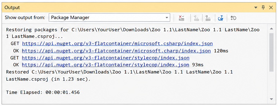 Visual Studio Output window showing NuGet packages restored successfully.