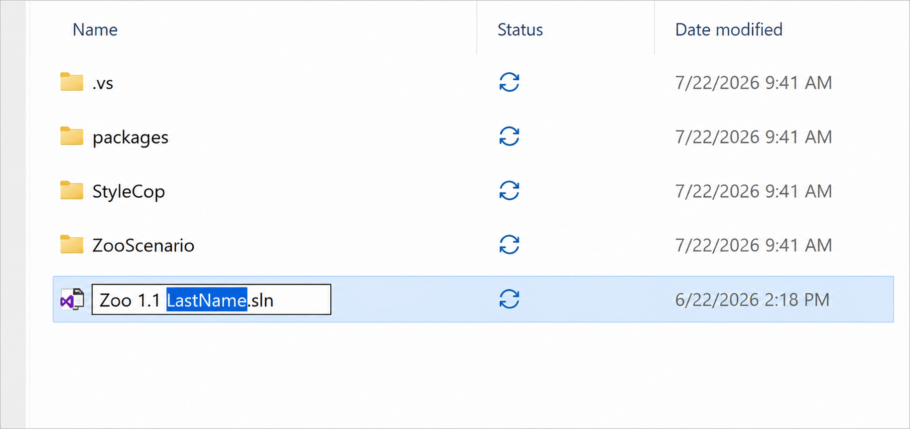 File Explorer showing the Zoo 1.1 LastName solution file being renamed.