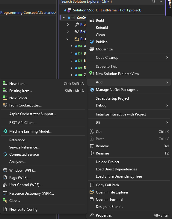 Visual Studio Solution Explorer showing the ZooScenario project context menu with Add expanded and Class visible.